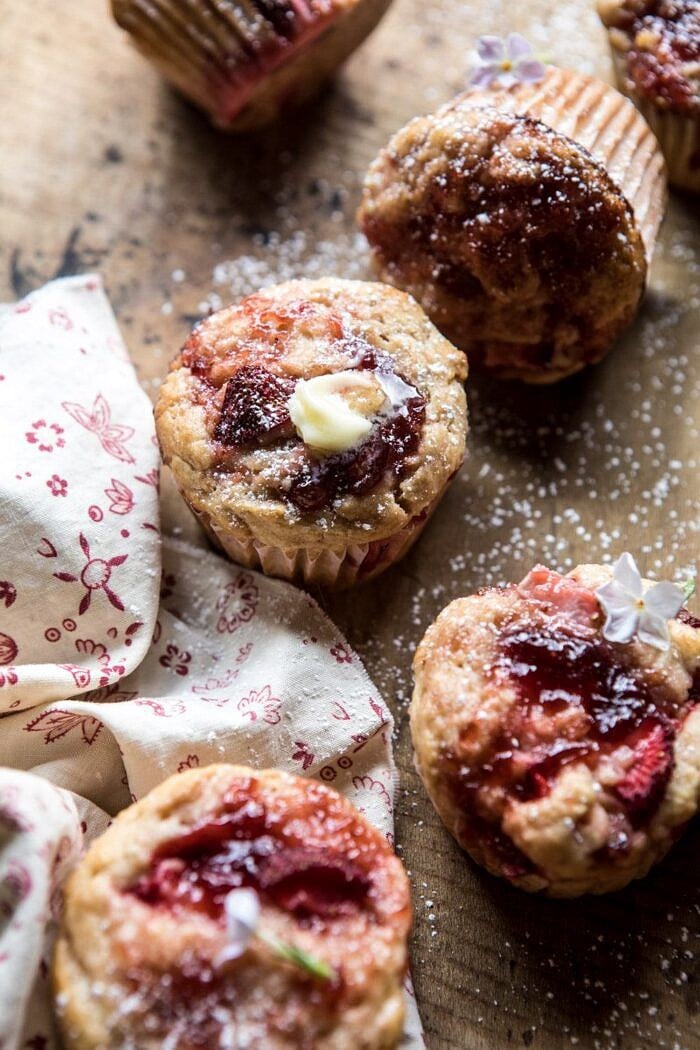 Honey Strawberry Muffins | halfbakedharvest.com #breakfast #summerrecipes #strawberries #muffins