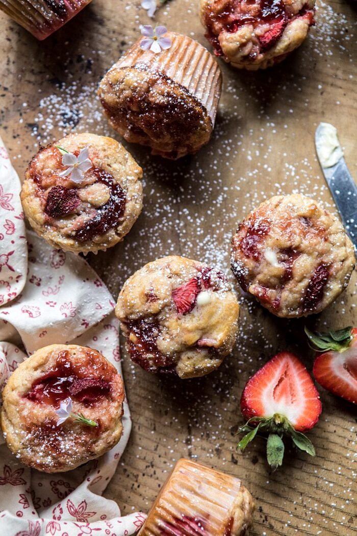 close up overhead photo of Honey Strawberry Muffins 
