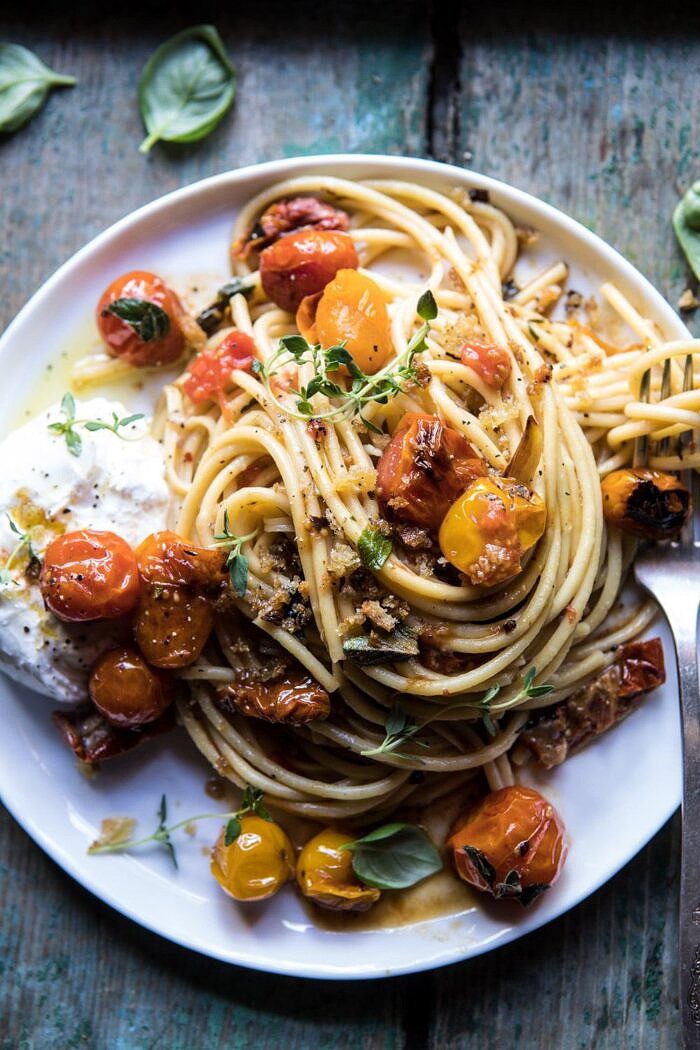 Skillet Burst Cherry Tomato Summer Pasta with Lemony Breadcrumbs | halfbakedharvest.com #pasta #tomatoes #burrata #summerrecipes