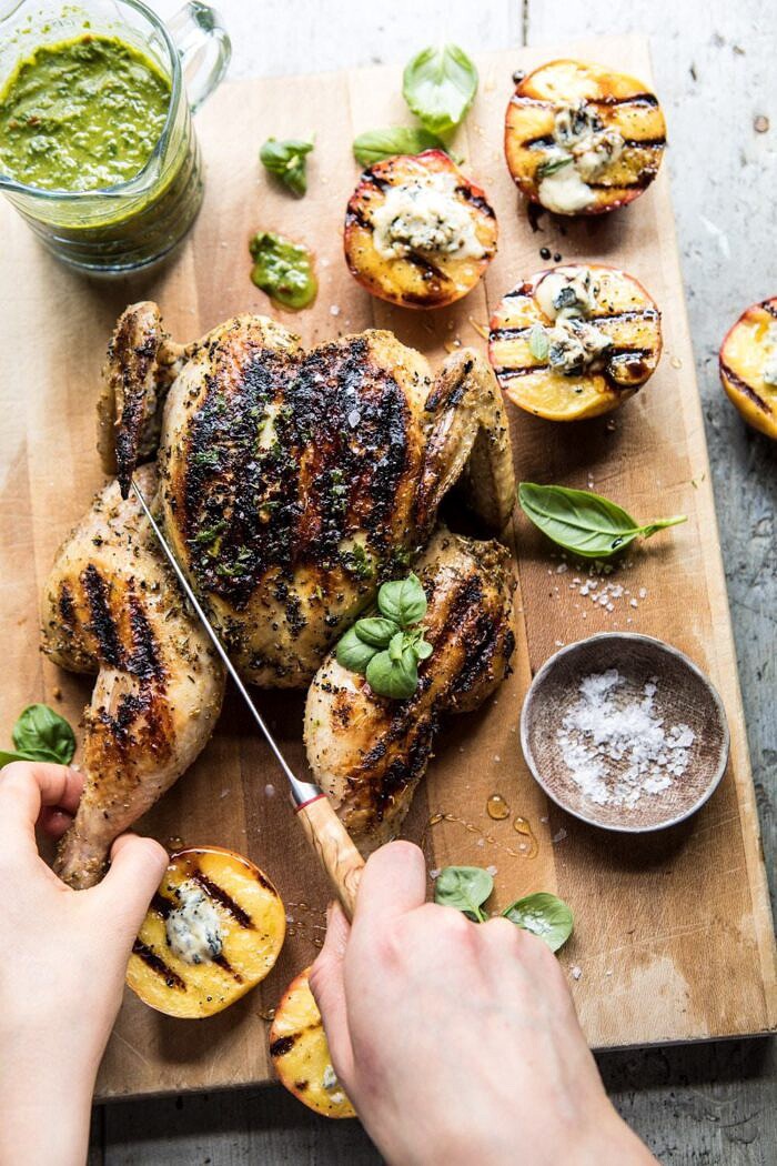 Whole Grilled Chicken with Peaches and Basil Vinaigrette | halfbakedharvest.com #chicken #easy #grilling #summer