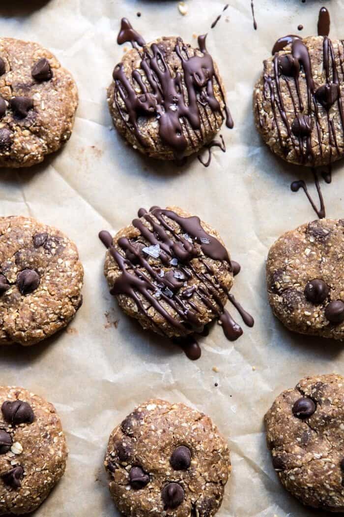 overhead photo of 6 Ingredient No Bake Chocolate Chip Cookies on cookie sheet