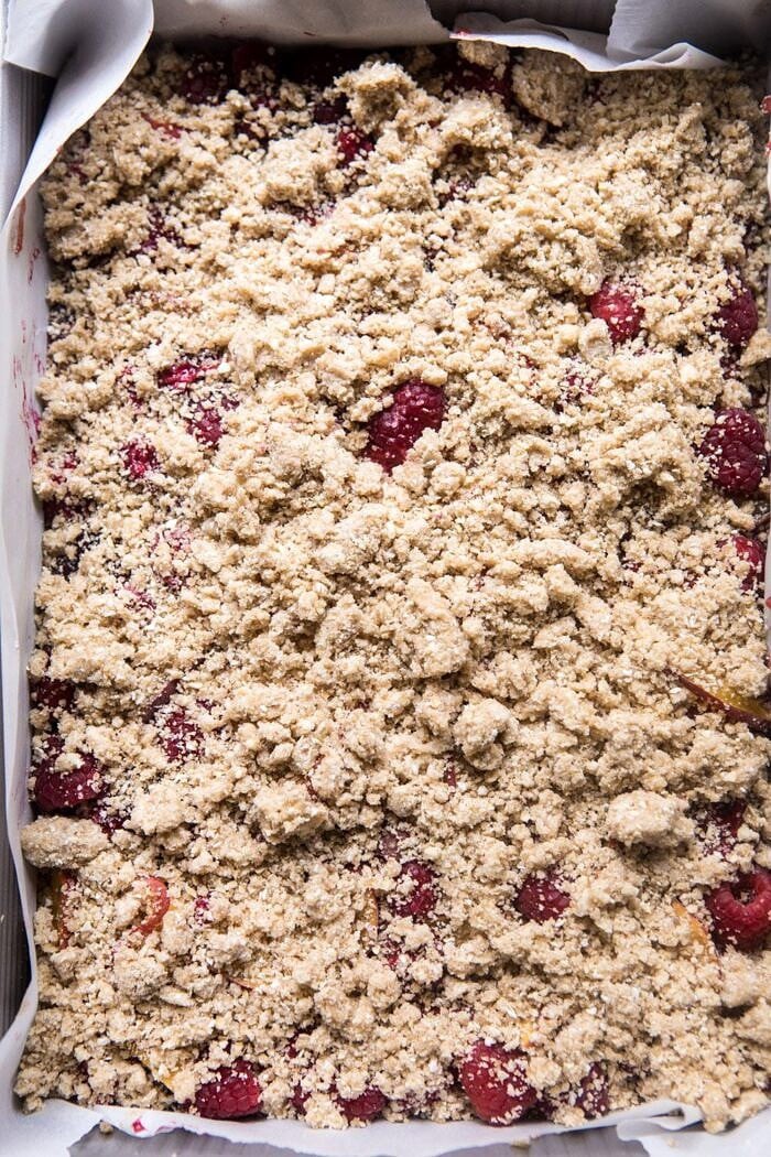 overhead photo of d Buttery Raspberry Crumble Bars before baking