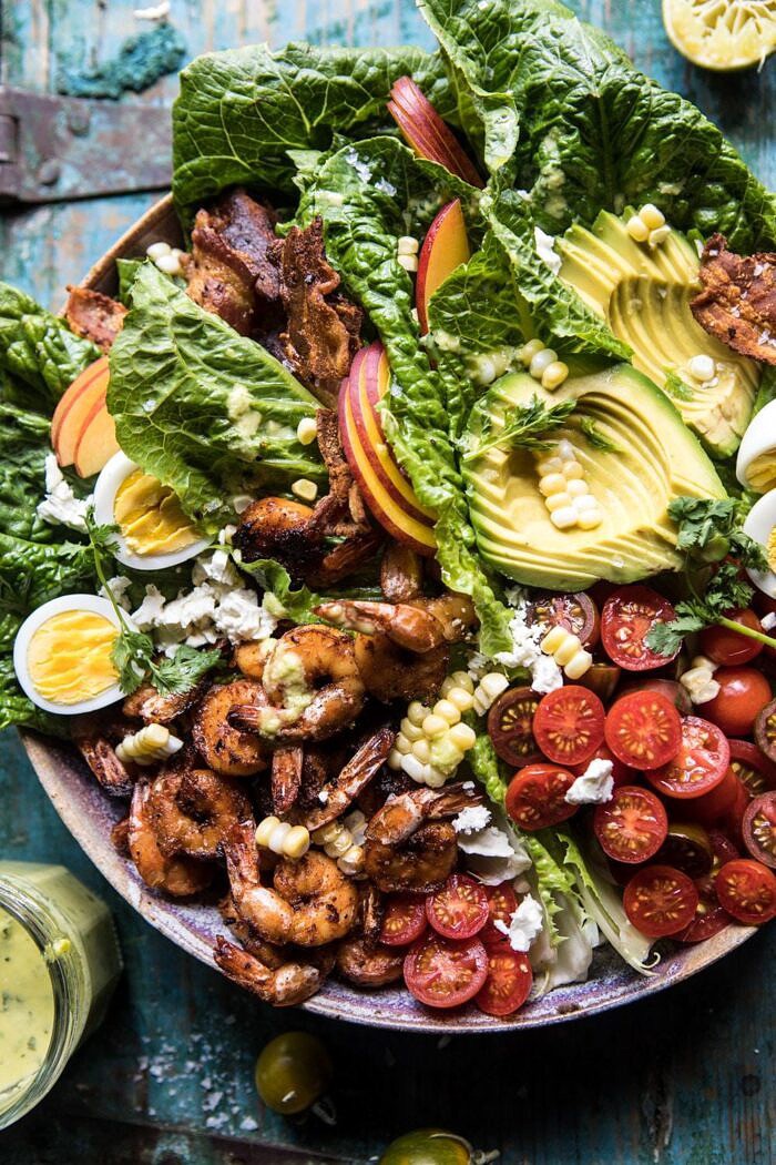 Chipotle Shrimp Cobb Salad with Jalapeno Corn Vinaigrette | halfbakedharvest.com #shrimp #salad #summerrecipes #mexican 