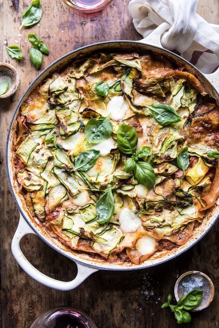 overhead photo of One Pan Zucchini and 3 Cheese Lasagna 