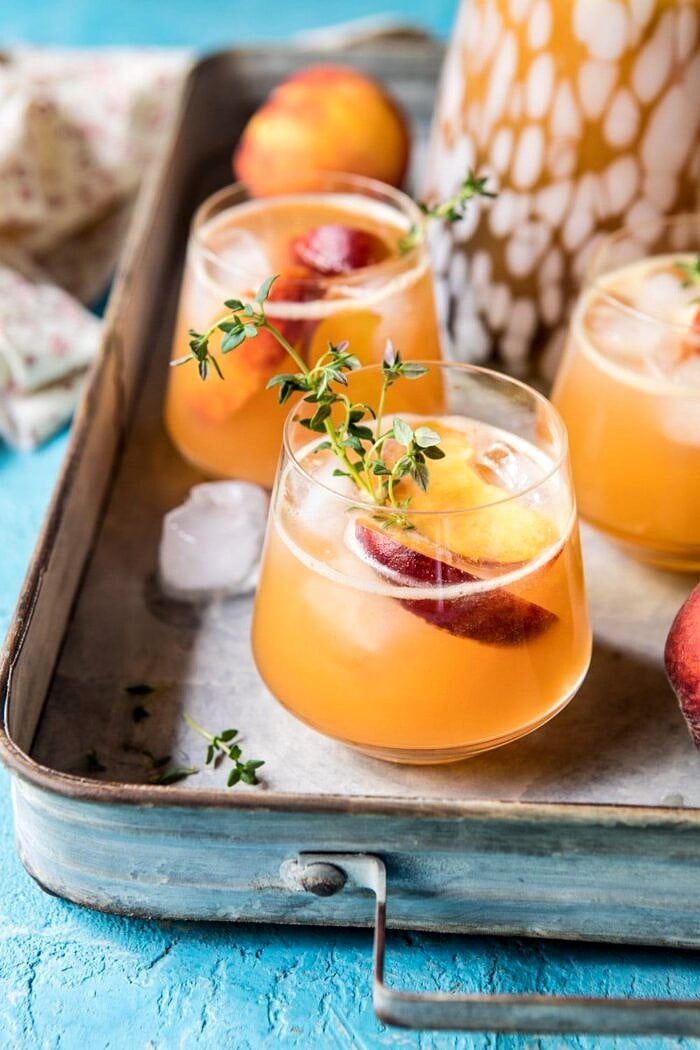 close up photo Sweet Bourbon Peach Lemonade on tray