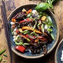 30 Minute Korean Beef and Peppers with Sesame Rice | halfbakedharvest.com #quick #easy #familydinner #korean #steak