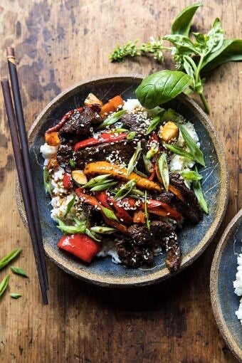 30 Minute Korean Beef and Peppers with Sesame Rice | halfbakedharvest.com #quick #easy #familydinner #korean #steak