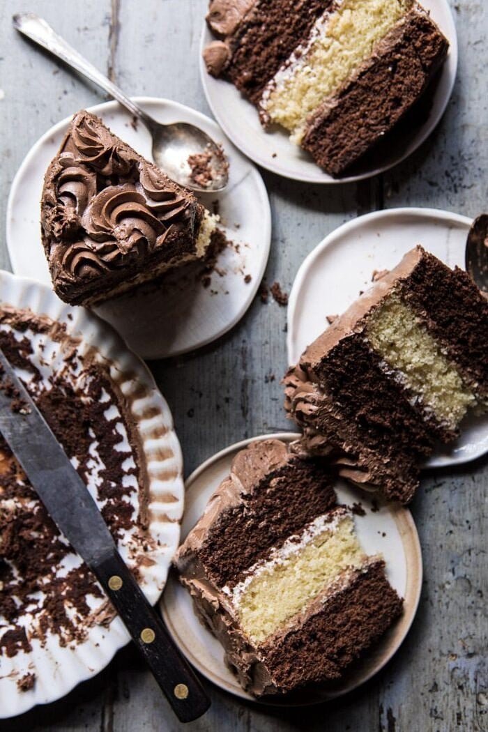 overhead photo of Better Together Chocolate Vanilla Birthday Cake slices 