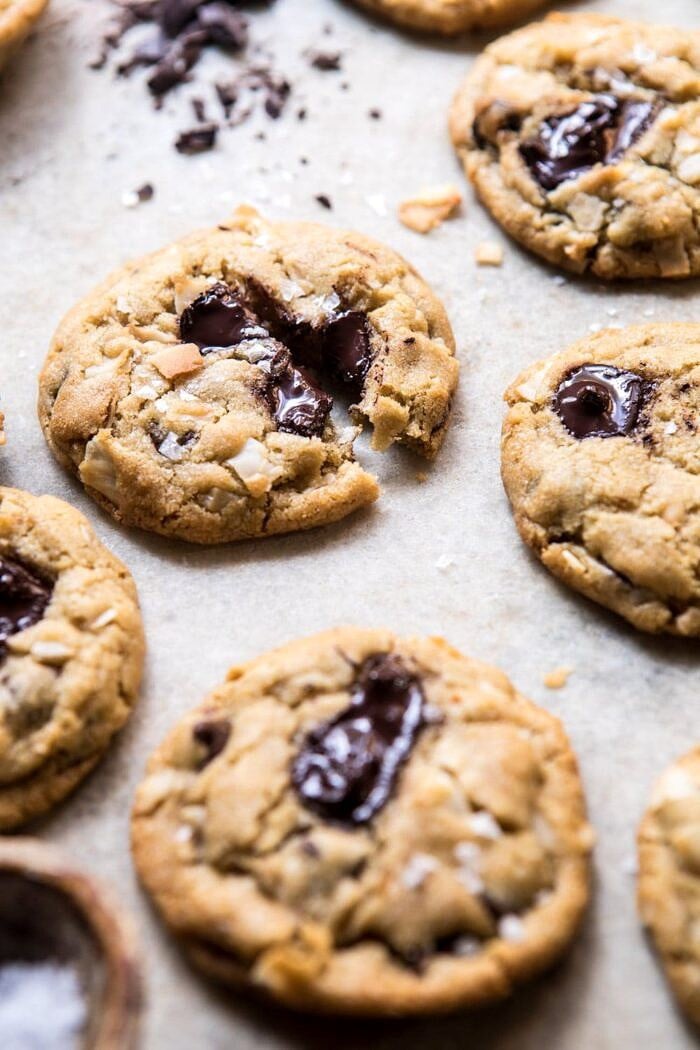 side angled photo of Browned Butter Coconut Chocolate Chip Cookies