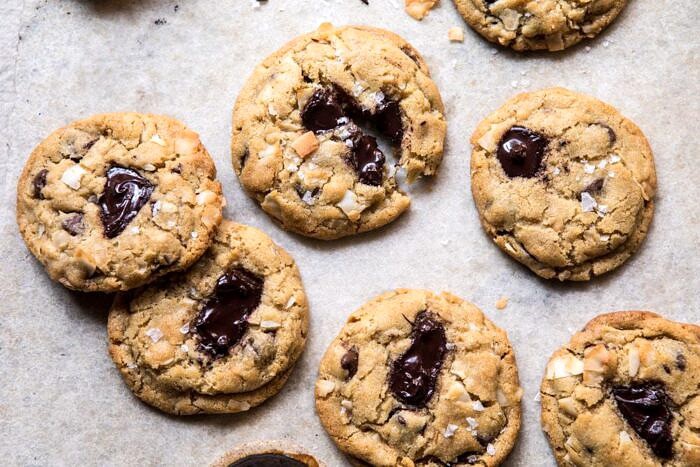 horizontal overhead photo of Browned Butter Coconut Chocolate Chip Cookies 
