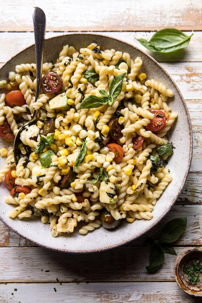 Corn, Tomato, and Avocado Pasta Salad | halfbakedharvest.com #pasta #summer #pastasalad #easy