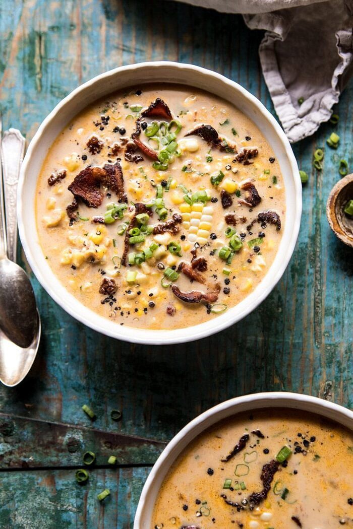 close up photo of Instant Pot Chipotle Cheddar Corn Chowder in bowls