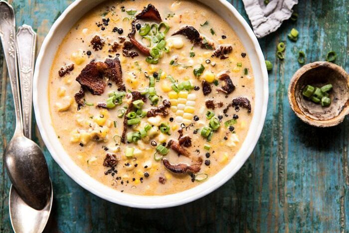 horizontal photo of Instant Pot Chipotle Cheddar Corn Chowder in bowl