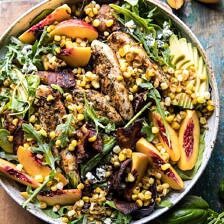 Rosemary Chicken, Caramelized Corn, and Peach Salad with Hot Bacon Vinaigrette | halfbakedharvest.com #salad #chicken #easyrecipes #summer #corn