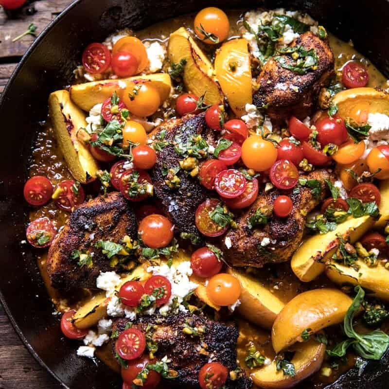 Skillet Moroccan Chicken with Tomatoes, Peaches, and Feta. - Half
