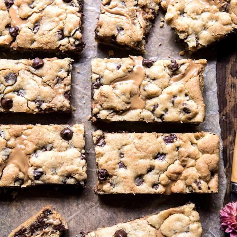 The Best Chocolate Chip Peanut Butter Swirled Cookie Bars | halfbakedharvest.com #cookies #cookiebars #peanutbutter #chocolate