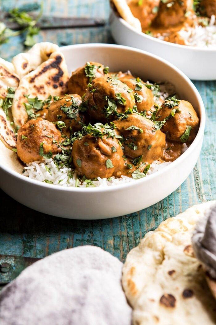 30 Minute Butter Chicken Meatballs | halfbakedharvest.com #meatballs #easyrecipes #Indianrecipes #curry #butterchicken