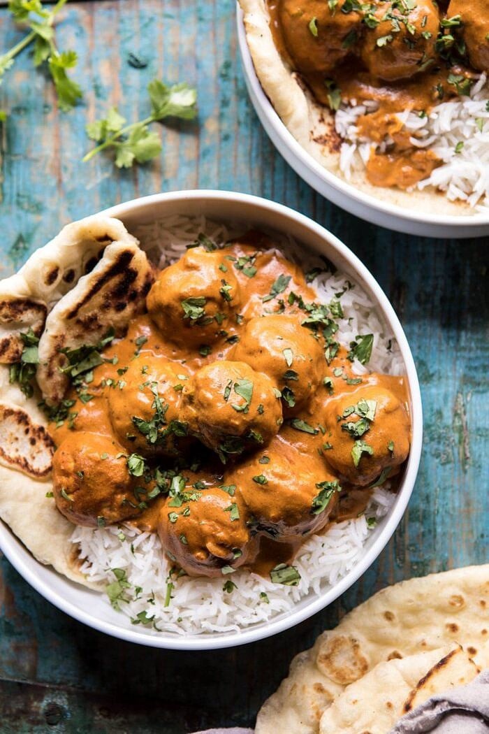 overhead close up photo of 30 Minute Butter Chicken Meatballs
