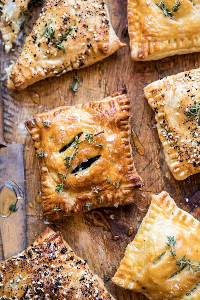 overhead close up photo of Caramelized Onion, Spinach, and Cheddar Flaky Pastries 