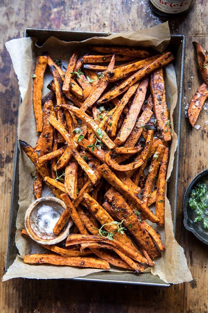 overhead photo of Herb Butter Baked Sweet Potato Fries in serving dish