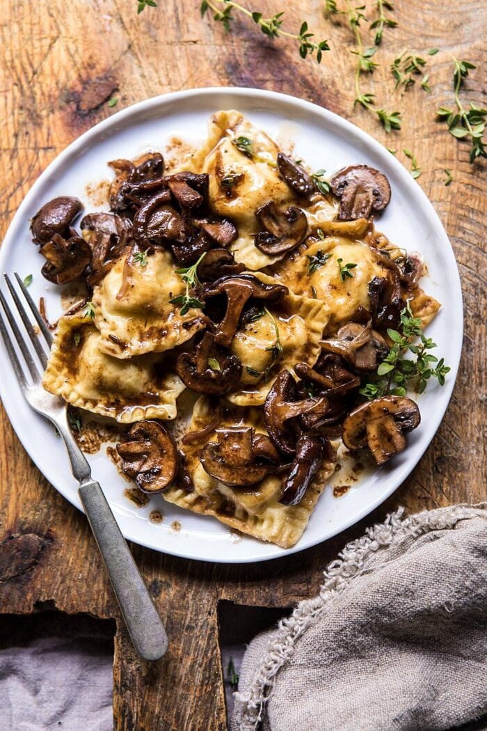 close up photo of Herby Buttered Balsamic Mushroom Ravioli 