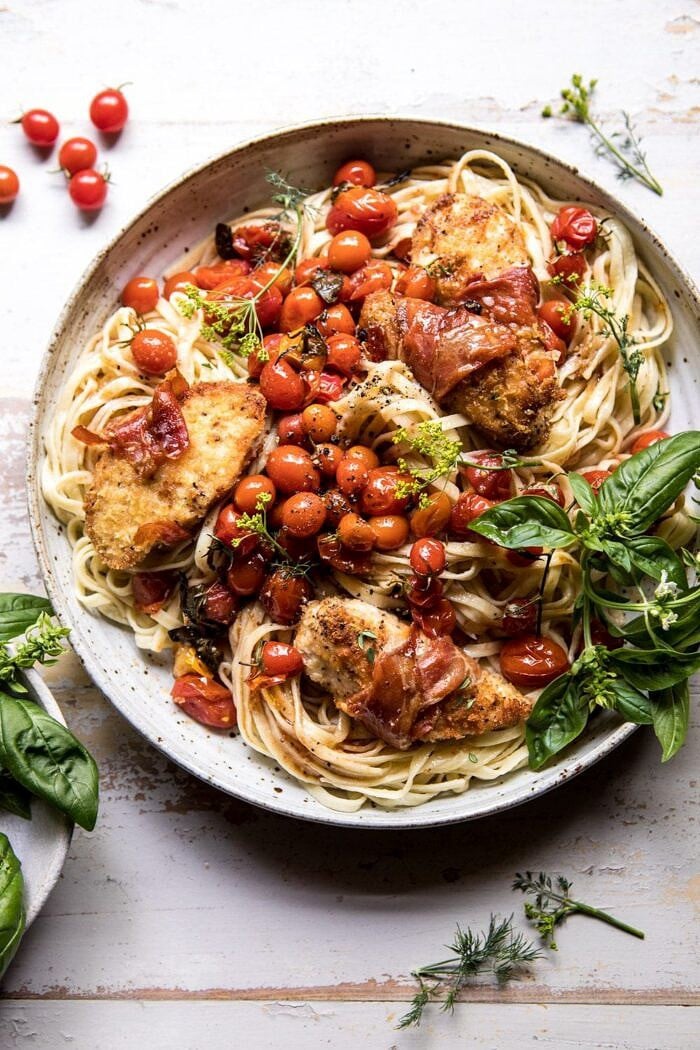 overhead photo of Prosciutto Chicken Parmesan with Garlic Butter Tomato Pasta 