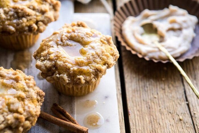 horizontal photo of Pumpkin Coffee Cake Muffins with Cinnamon Honey Butter