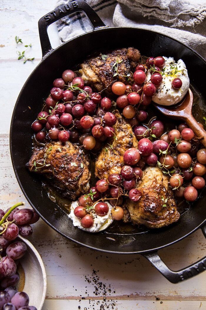 overhead photo of Thyme Roasted Chicken with Grapes and Burrata