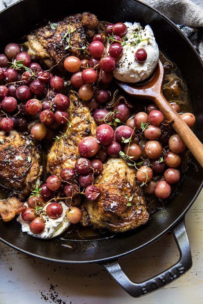 overhead close up photo of Thyme Roasted Chicken with Grapes and Burrata