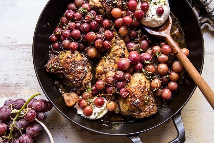 horizontal photo of Thyme Roasted Chicken with Grapes and Burrata