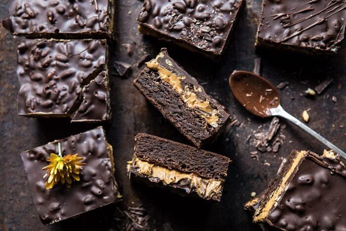 horizontal photo of Triple Layer Peanut Butter Crunch Brownies 