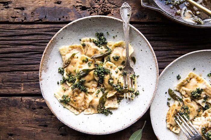 horizontal photo of Butternut Squash Cheese Ravioli with Browned Butter Sage Pesto