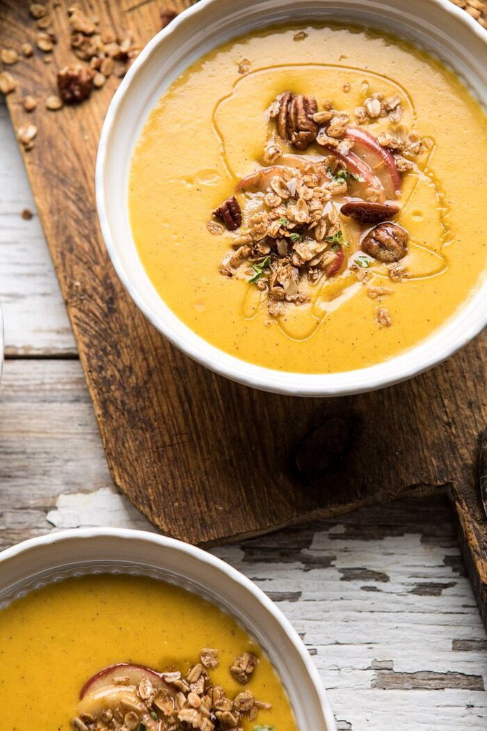 3/4 angled photo of Cheddar Apple Butternut Squash Soup with Cinnamon Pecan Crumble 