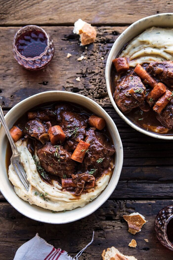 overhead photo of Healthier Instant Pot Coq au Vin with fork in bowl 
