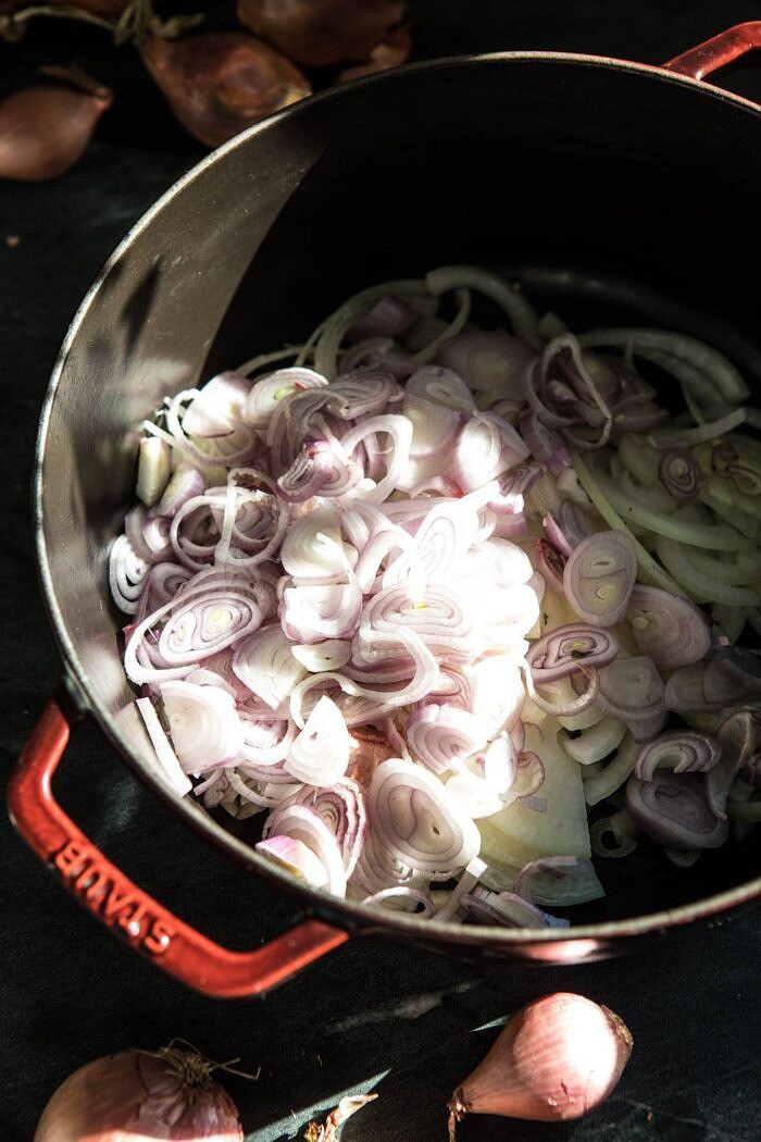 cut shallots in pot before caramelizing 