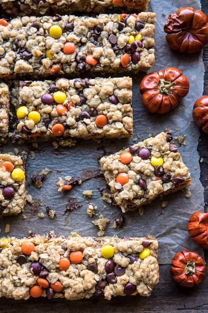 overhead photo of Monster Oatmeal Chocolate Chip Cookie Bars with cookies missing from photo