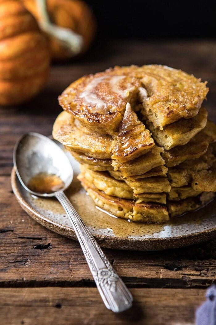 Spiced Pumpkin Cinnamon Roll Pancakes | halfbakedharvest.com #pumpkin #pumpkinpancakes #brunch #breakfast #easyrecipes