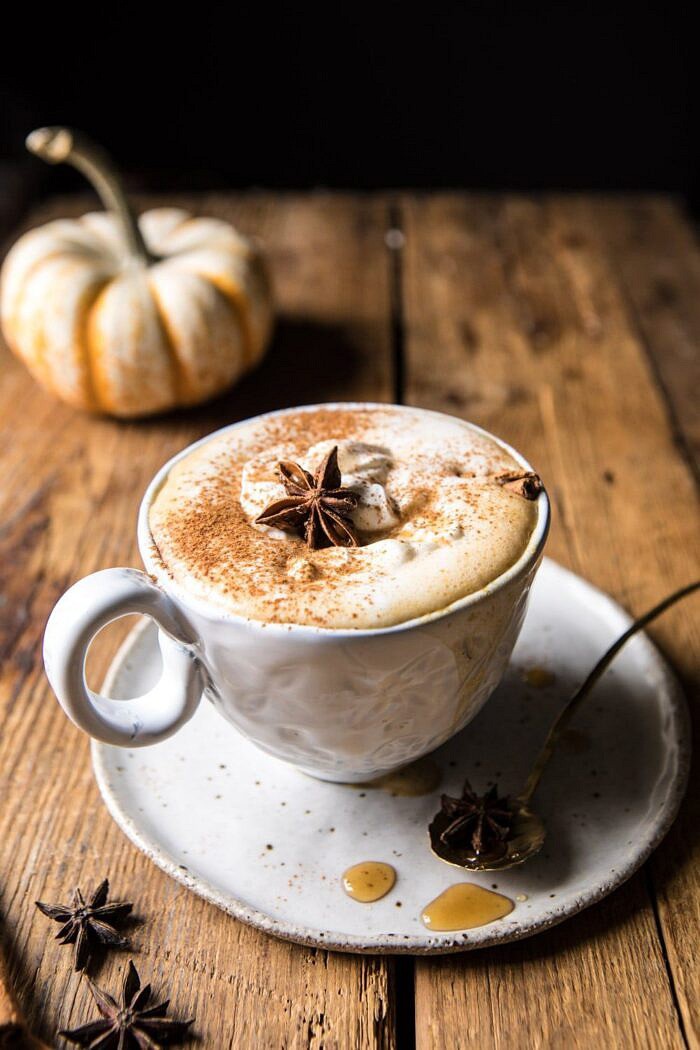 front on photo of Spiced Pumpkin Maple Latte with pumpkin in background 