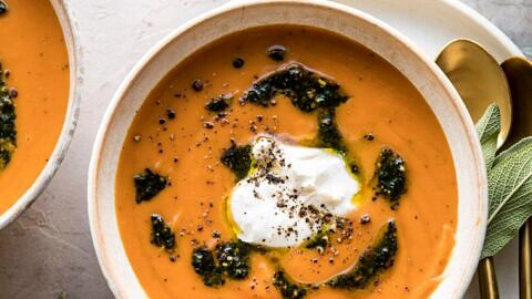 Golden Sweet Potato Soup with Burrata and Sage Pesto | halfbakedharvest.com #sweetpotato #soup #healthy #fall #autumn #winter #thanksgiving