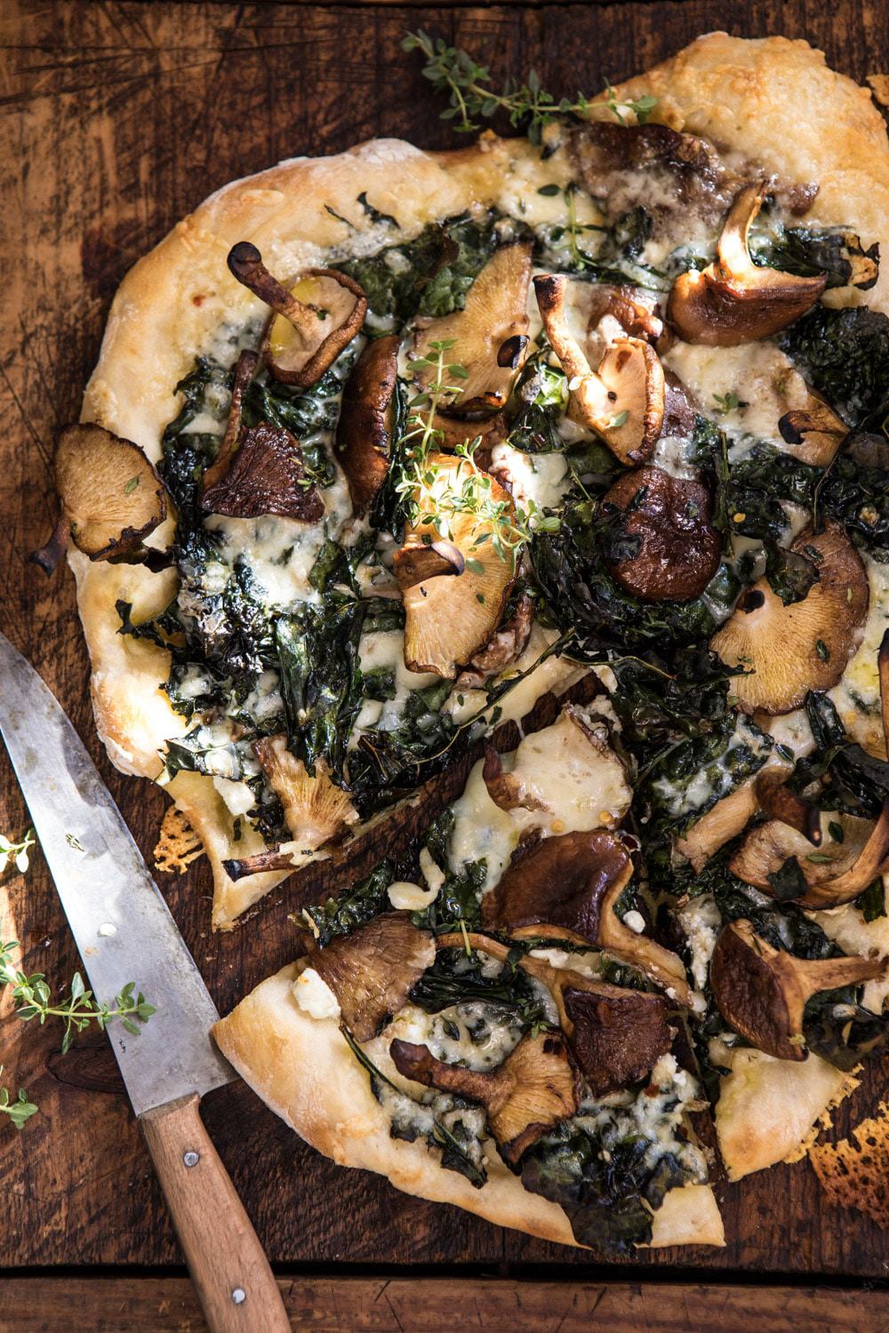 Roasted Mushroom Kale Pizza | halfbakedharvest.com #pizzs #mushrooms #winter #fall #autumn #kale #Italian