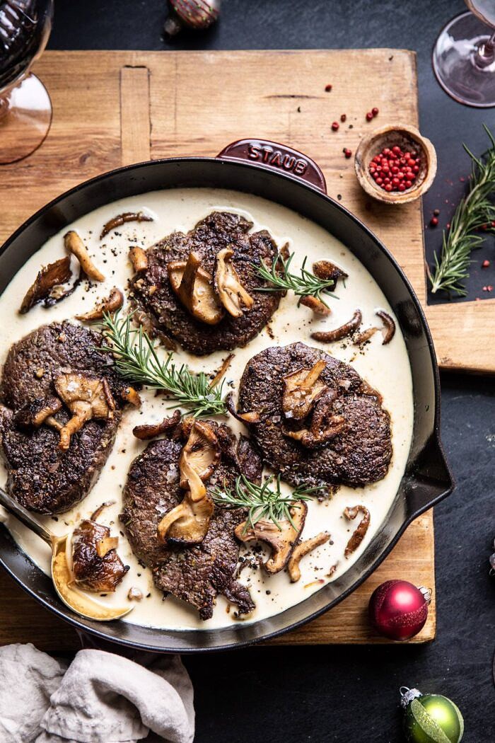 Rosemary Beef Tenderloin with Wild Mushroom Cream Sauce | halfbakedharvest.com #beef #tenderloin #christmas #easyrecipes