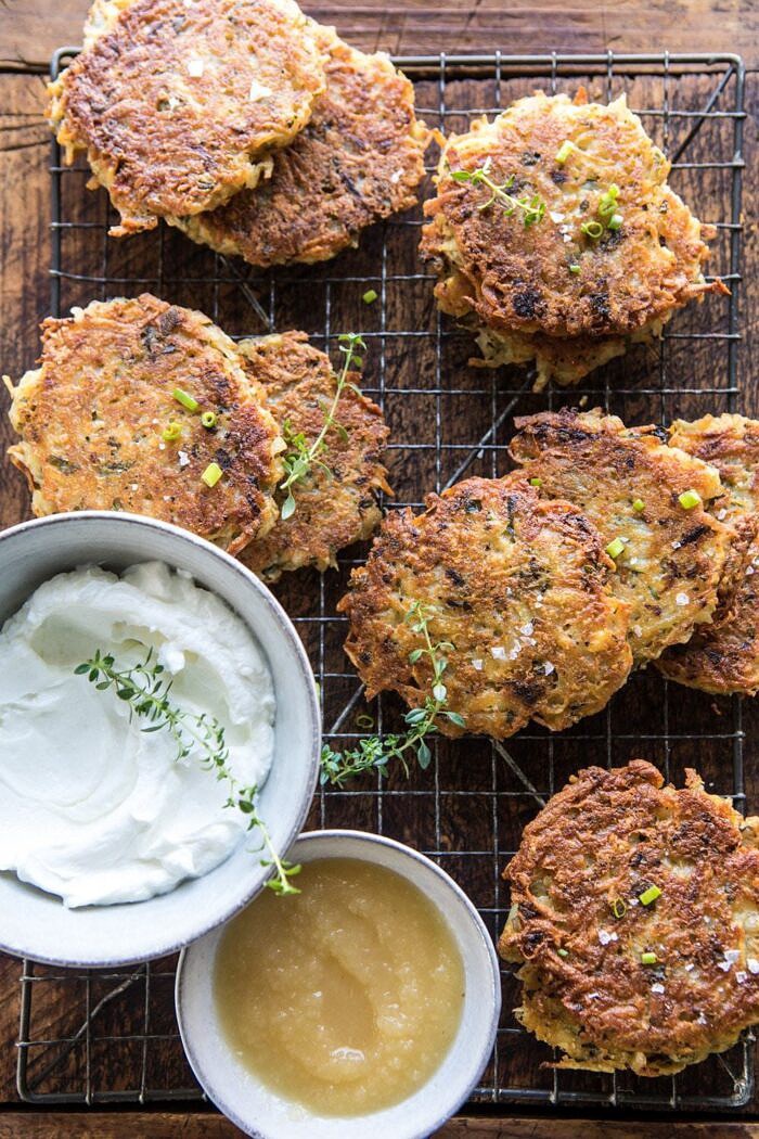 overhead photo of Herbed Cheddar Latkes 