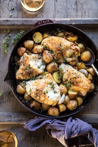 Skillet Roasted French Onion Chicken and Potatoes | halfbakedharvest.com #chicken #skilletrecipes #easyrecipe #frenchonion