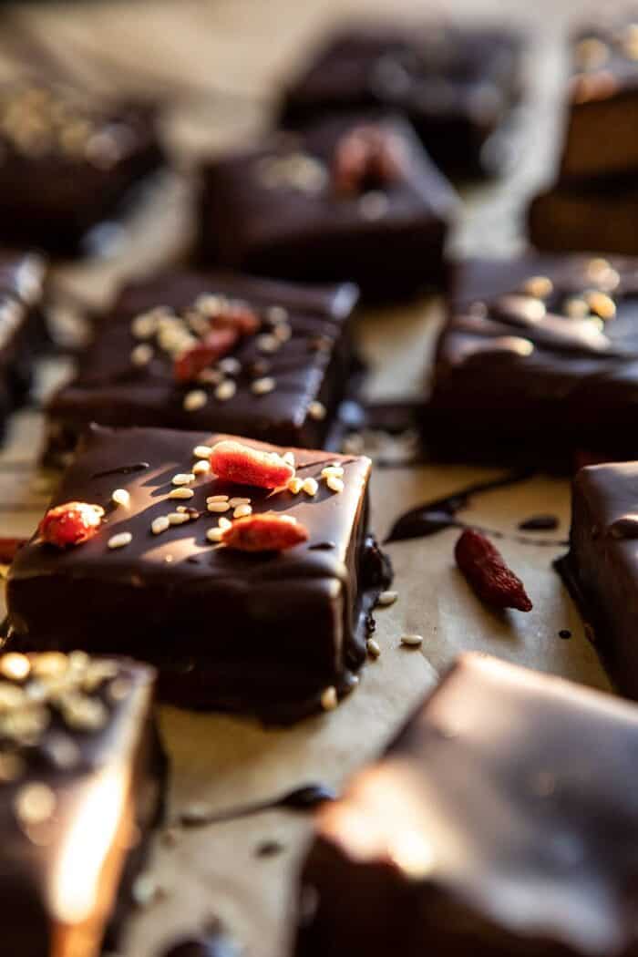 side angle photo of 5 Ingredient Chocolate Covered Cashew Bars 