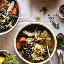 Lemony Garlic Chicken and Orzo Soup | halfbakedharvest.com #chickensoup #kale #healthyrecipes #winter
