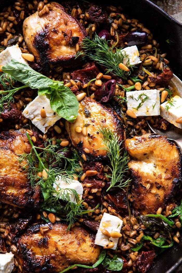 close up photo of One Skillet Greek Sun-Dried Tomato Chicken and Farro