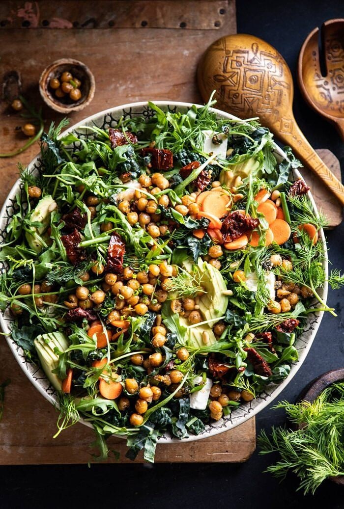 Super Green Sun-Dried Tomato Herb Salad with Crispy Chickpeas | halfbakedharvest.com #healthyrecipes #salad #easyrecipes #chickpeas #feta