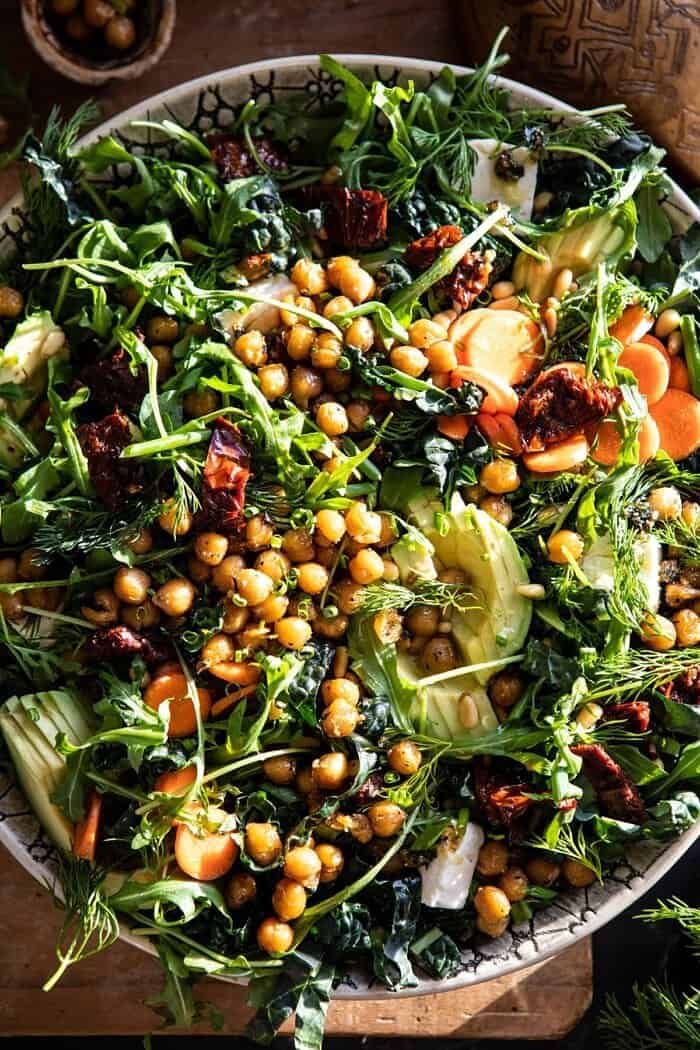 overhead close up photo of Super Green Sun-Dried Tomato Herb Salad with Crispy Chickpeas 