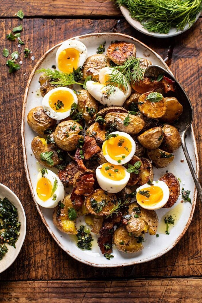 overhead photo of Crispy Breakfast Potatoes with Chili Garlic Oil and Herbs 