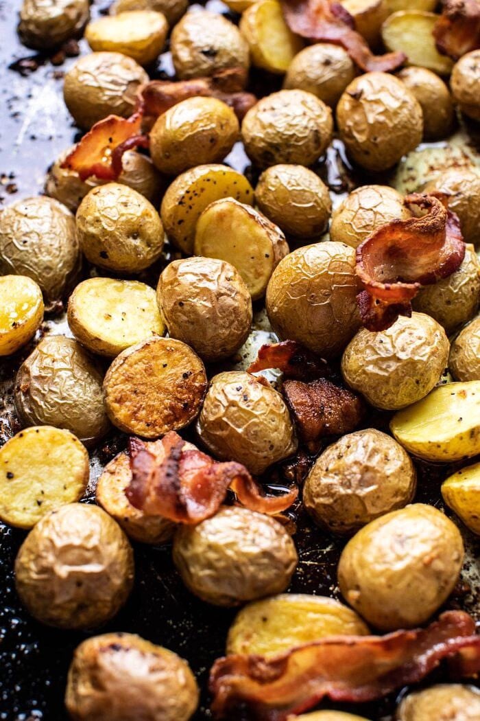 potatoes and bacon on baking sheet after roasting